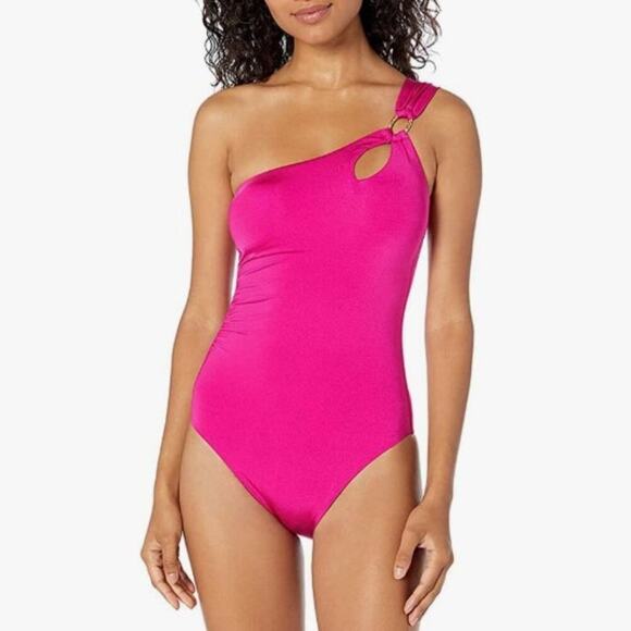 Trina Turk Getaway Solid One Piece One Shoulder Swimsuit Berry Pink Size8